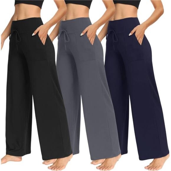 3 Pack Women's Wide Leg Pants with Pockets - Casual Loose Yoga Trouser - Picture 1 of 5